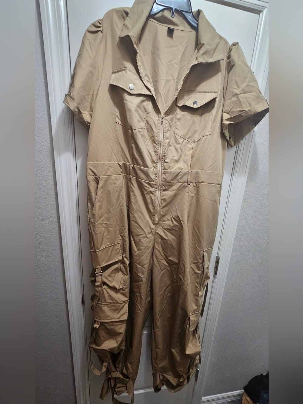 Beige Utility Jumpsuit  with Front Zip